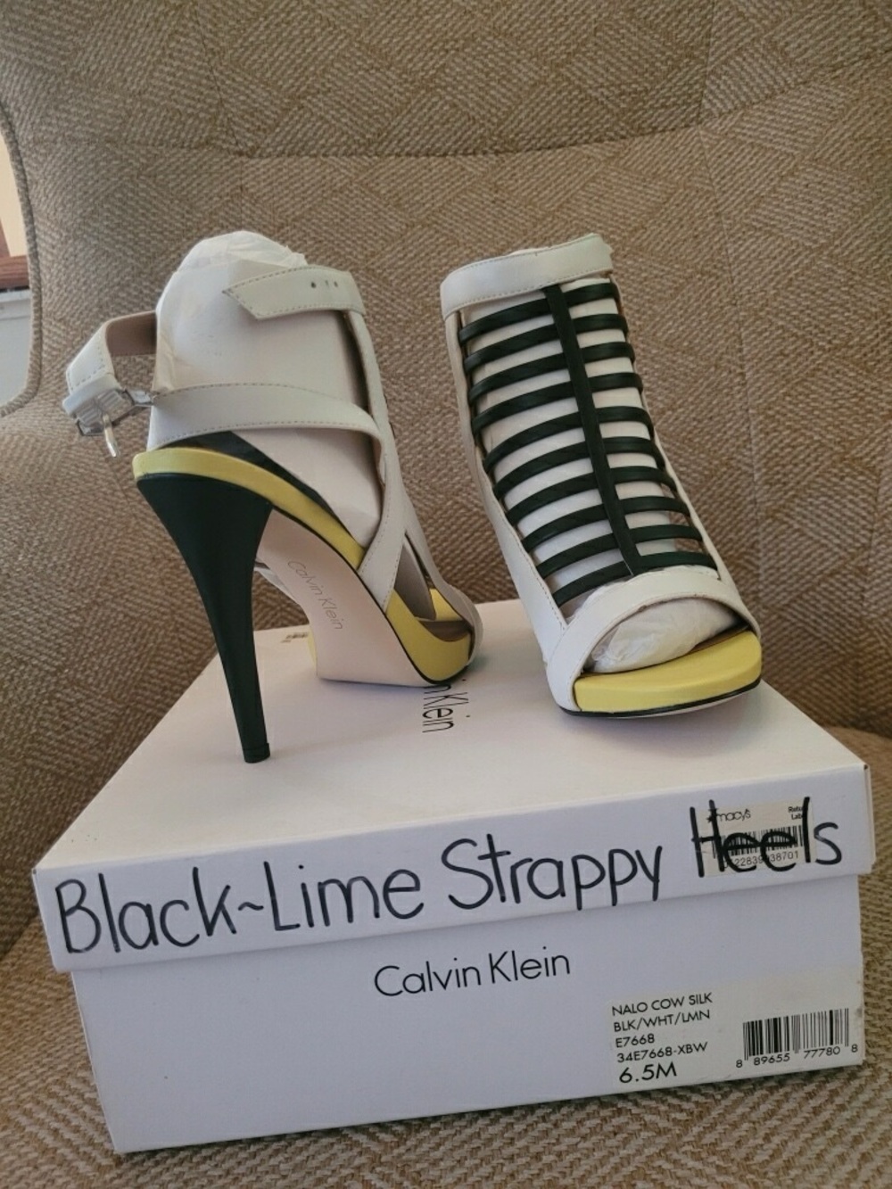 Calvin Klein White Strappy Heels with Black Lattice and Yellow Accents